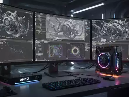 A futuristic 3D rendering workspace with multiple monitors displaying complex V-Ray renders and Blender interface, and a glowing AMD GPU. - Foto: über boerse-global.de