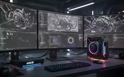 A futuristic 3D rendering workspace with multiple monitors displaying complex V-Ray renders and Blender interface, and a glowing AMD GPU. - Foto: über boerse-global.de