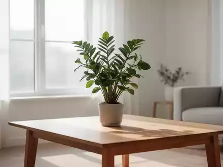 Ein minimalistischer Wohnraum mit einem einzelnen, stilvollen Blumentopf auf einem aufgeräumten Holztisch, beleuchtet von natürlichem Licht. - Foto: über boerse-global.de