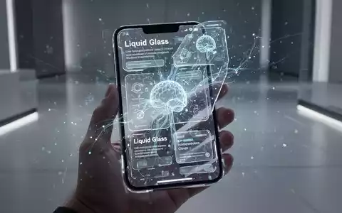A close-up of a futuristic smartphone screen showcasing a transparent Liquid Glass user interface with AI elements. - Foto: über boerse-global.de