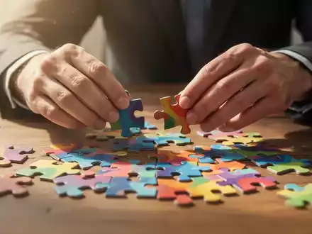Hände, die bunte Puzzleteile auf einem Holztisch anordnen, symbolisieren Gedächtnistraining und kognitive Unterstützung. - Foto: über boerse-global.de