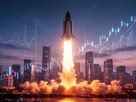 Eine stilisierte Rakete startet in den Weltraum über einer modernen Stadtlandschaft bei Sonnenuntergang, mit einem subtilen Börsenchart. - Foto: über boerse-global.de