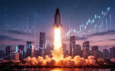 Eine stilisierte Rakete startet in den Weltraum über einer modernen Stadtlandschaft bei Sonnenuntergang, mit einem subtilen Börsenchart. - Foto: über boerse-global.de