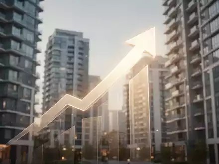 Ein stilisierter, aufwärts gerichteter Pfeil über einer unscharfen Kulisse moderner Hochhäuser, der Wachstum im Immobiliensektor symbolisiert. - Foto: über boerse-global.de