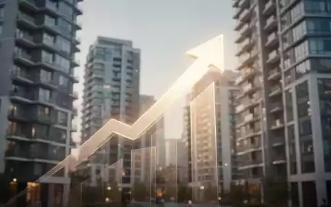 Ein stilisierter, aufwärts gerichteter Pfeil über einer unscharfen Kulisse moderner Hochhäuser, der Wachstum im Immobiliensektor symbolisiert. - Foto: über boerse-global.de