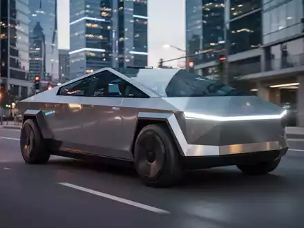 A futuristic, sleek, silver autonomous Tesla Cybercab drives on a modern city street at dusk, illuminated by city lights. - Foto: über boerse-global.de