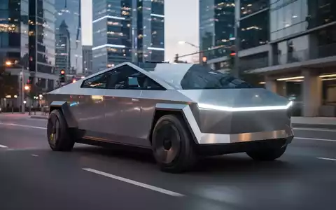 A futuristic, sleek, silver autonomous Tesla Cybercab drives on a modern city street at dusk, illuminated by city lights. - Foto: über boerse-global.de