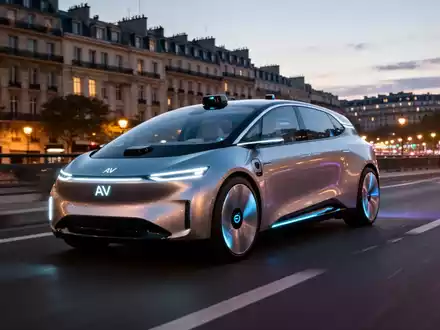 A sleek, modern autonomous vehicle drives on a European road at dusk, with city lights in the background. - Foto: über boerse-global.de
