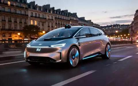 A sleek, modern autonomous vehicle drives on a European road at dusk, with city lights in the background. - Foto: über boerse-global.de