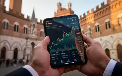 Nahaufnahme einer Hand, die ein Smartphone mit einer Börsen-App vor verschwommener historischer Architektur Sienas hält. - Foto: über boerse-global.de