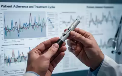 Nahaufnahme von Händen, die einen GLP-1-Injektorpen halten, mit unscharfem Hintergrund von Diagrammen, die Therapiezyklen darstellen. - Foto: über boerse-global.de