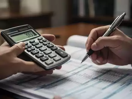 Hände halten einen Taschenrechner und einen Stift über einem Finanzdokument, das Berechnungen zu Renten und Leistungen darstellt. - Foto: über boerse-global.de