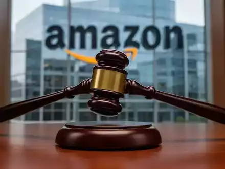 Ein stilisierter Gerichtshammer trifft auf einen Klangblock, mit einem verschwommenen Amazon-Gebäude im Hintergrund. - Foto: über boerse-global.de
