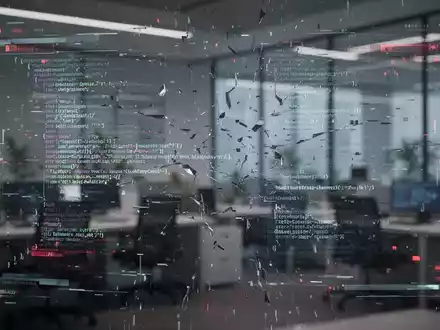 A close-up of a glitching digital screen displaying a broken AI assistant interface, with fragmented code and error symbols. - Foto: über boerse-global.de