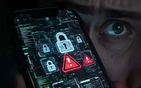 Ein Smartphone-Bildschirm mit fehlerhafter Benutzeroberfläche und Warnsymbolen, gespiegelt im Auge einer Person. - Foto: über boerse-global.de