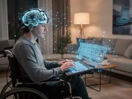 Eine Person mit ALS nutzt eine Gehirn-Computer-Schnittstelle, um einen Computer zu bedienen, was Autonomie und technologischen Fortschritt symbolisiert. - Foto: über boerse-global.de