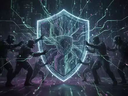 Digital representation of cybersecurity: a glowing data shield protecting against shadowy threats, symbolizing email security and AI-driven attacks. - Foto: über boerse-global.de