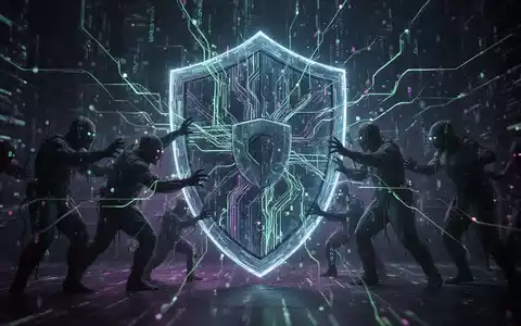 Digital representation of cybersecurity: a glowing data shield protecting against shadowy threats, symbolizing email security and AI-driven attacks. - Foto: über boerse-global.de