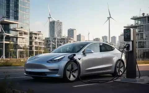 Ein modernes Elektroauto lädt an einer Station, im Hintergrund nachhaltige Stadtarchitektur und ein Windrad unter klarem Himmel. - Foto: über boerse-global.de