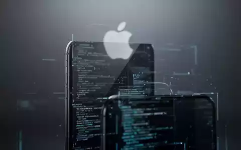 An iPhone with a screen showing abstract code, hinting at hidden features. A blurred Apple logo is in the background. - Foto: über boerse-global.de