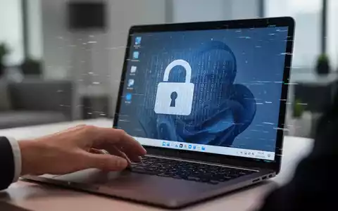 A laptop screen displaying Windows 11 with a subtle glitch effect and a padlock overlay, hinting at system and account issues. - Foto: über boerse-global.de