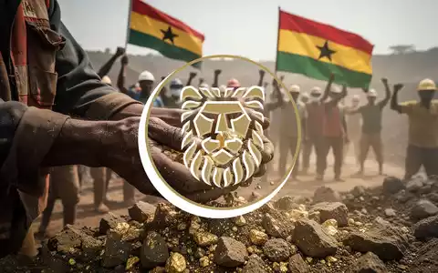 Verwitterte Hände eines Bergarbeiters, der Golderz siebt, mit verschwommenen Demonstranten und ghanaischer Flagge im Hintergrund. - Foto: über boerse-global.de