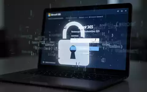 Ein stilisiertes, bedrohliches digitales Vorhängeschloss über einem unscharfen Microsoft 365-Anmeldebildschirm auf einem Laptop. - Foto: über boerse-global.de