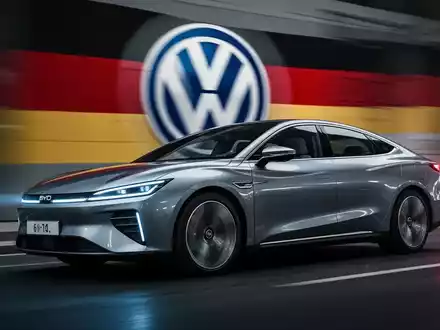 Ein modernes BYD Elektroauto fährt an einem verschwommenen deutschen Autohersteller-Logo vorbei, das einen Marktwandel symbolisiert. - Foto: über boerse-global.de