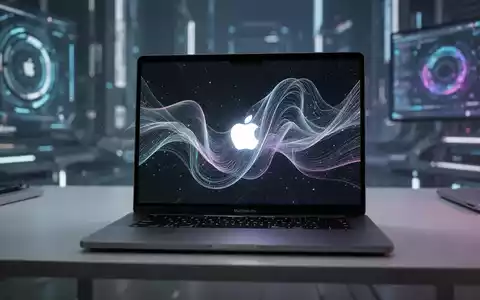 A modern Apple MacBook Pro displaying abstract, flowing AI graphics on its screen, symbolizing Apple Intelligence and Silicon. - Foto: über boerse-global.de