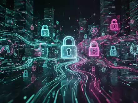 A stylized digital landscape featuring abstract data flows, gaming elements, and padlock icons, representing malware and cybersecurity threats. - Foto: über boerse-global.de