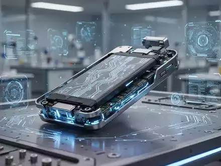 Eine futuristische Batterie mit leuchtenden Schaltkreisen, teilweise zerlegt, auf einer Hightech-Werkbank mit digitalen Schnittstellen. - Foto: über boerse-global.de