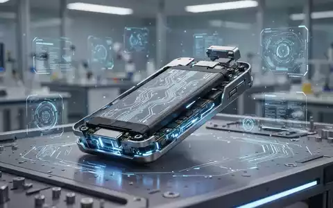 Eine futuristische Batterie mit leuchtenden Schaltkreisen, teilweise zerlegt, auf einer Hightech-Werkbank mit digitalen Schnittstellen. - Foto: über boerse-global.de