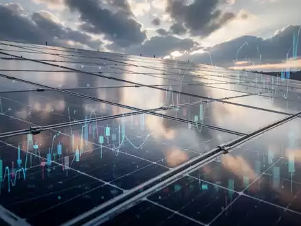 Solarpanel-Array unter einem dramatischen Himmel, mit abstrakten Finanzgrafiken überlagert. - Foto: über boerse-global.de