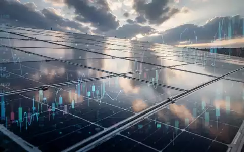 Solarpanel-Array unter einem dramatischen Himmel, mit abstrakten Finanzgrafiken überlagert. - Foto: über boerse-global.de