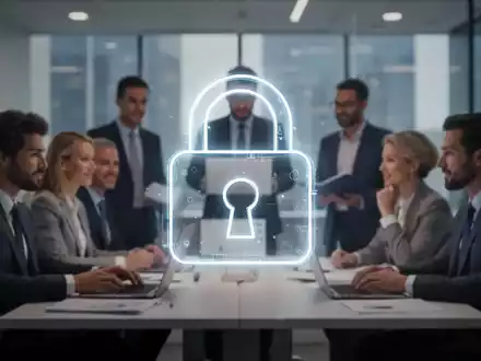 Ein stilisiertes, leuchtendes Vorhängeschloss-Symbol über einem unscharfen Bild von Fachleuten in einem modernen Büro, das Compliance und sichere Kommunikation symbolisiert. - Foto: über boerse-global.de
