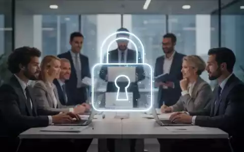 Ein stilisiertes, leuchtendes Vorhängeschloss-Symbol über einem unscharfen Bild von Fachleuten in einem modernen Büro, das Compliance und sichere Kommunikation symbolisiert. - Foto: über boerse-global.de