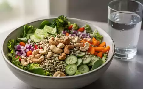 Eine Nahaufnahme einer gesunden Salatbowl mit frischem Gemüse, Nüssen und Samen neben einem Glas Wasser. - Foto: über boerse-global.de