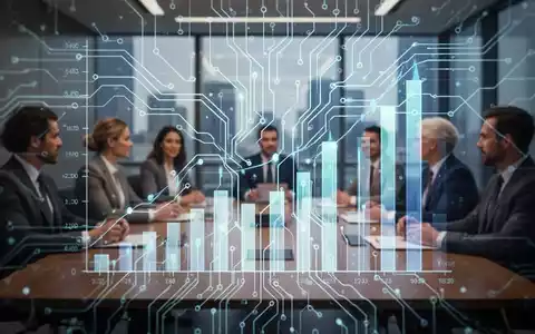 Eine stilisierte Darstellung eines Neuronalen Netzes, das mit einem Finanzdiagramm verschmilzt, im Hintergrund ein Besprechungsraum. - Foto: über boerse-global.de
