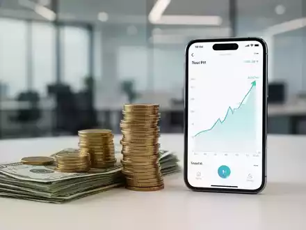 Gestapelte Münzen und Geldscheine neben einem Smartphone mit Finanz-App, das eine aufsteigende Kurve zeigt. - Foto: über boerse-global.de