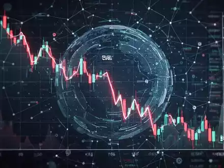 Ein Börsendiagramm, das einen Rückgang von 55 % zeigt, mit einem digitalen Netzwerk-Motiv im Hintergrund. - Foto: über boerse-global.de