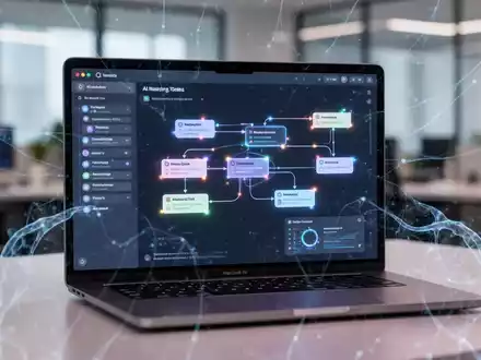 A macOS laptop screen displaying an AI-powered task management interface with interconnected workflow diagrams and digital patterns. - Foto: über boerse-global.de