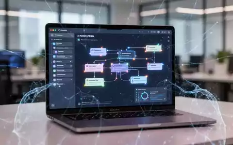 A macOS laptop screen displaying an AI-powered task management interface with interconnected workflow diagrams and digital patterns. - Foto: über boerse-global.de