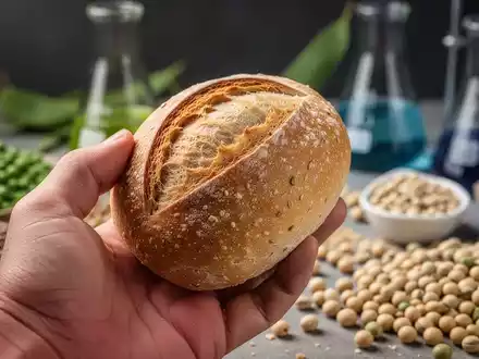 Eine Hand hält ein ballaststoffreiches Brot, im Hintergrund unscharf Hülsenfrüchte und Laborgeräte, die Forschung und Ernährung verbinden. - Foto: über boerse-global.de