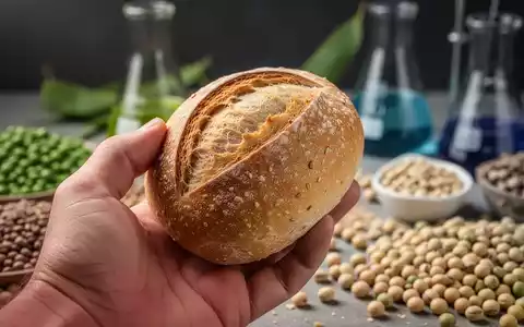 Eine Hand hält ein ballaststoffreiches Brot, im Hintergrund unscharf Hülsenfrüchte und Laborgeräte, die Forschung und Ernährung verbinden. - Foto: über boerse-global.de