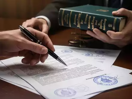 Eine Hand zeigt mit einem Stift auf ein juristisches Dokument, während im Hintergrund ein deutsches Gesetzbuch gehalten wird. - Foto: über boerse-global.de