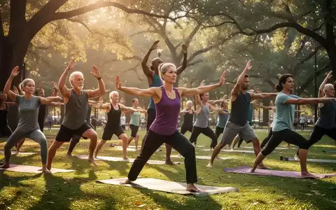 Eine vielfältige Gruppe von Menschen unterschiedlichen Alters nimmt an einem Fitnesskurs im Freien in einem sonnigen Park teil. - Foto: über boerse-global.de