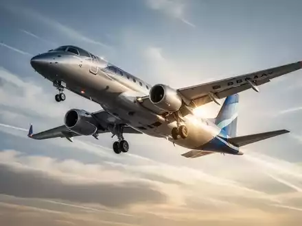Ein modernes Embraer E-Jet Flugzeug steigt dynamisch in den Himmel und symbolisiert starkes Wachstum und Fortschritt. - Foto: über boerse-global.de