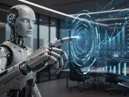 Nahaufnahme einer Roboterhand, die eine leuchtende holografische Finanzdatenanzeige in einem futuristischen Büro berührt. - Foto: über boerse-global.de
