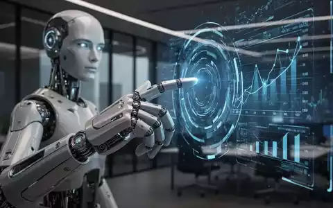 Nahaufnahme einer Roboterhand, die eine leuchtende holografische Finanzdatenanzeige in einem futuristischen Büro berührt. - Foto: über boerse-global.de