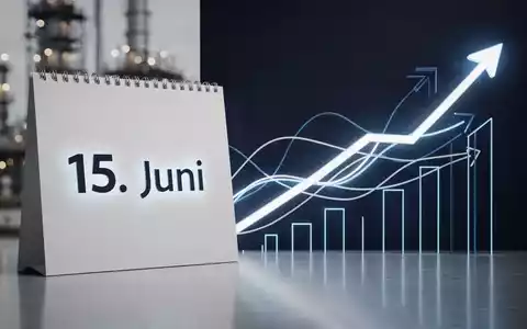 Ein Kalenderblatt mit dem 15. Juni, daneben ein stilisierter Aktienkurs und eine verschwommene Industrieanlage im Hintergrund. - Foto: über boerse-global.de